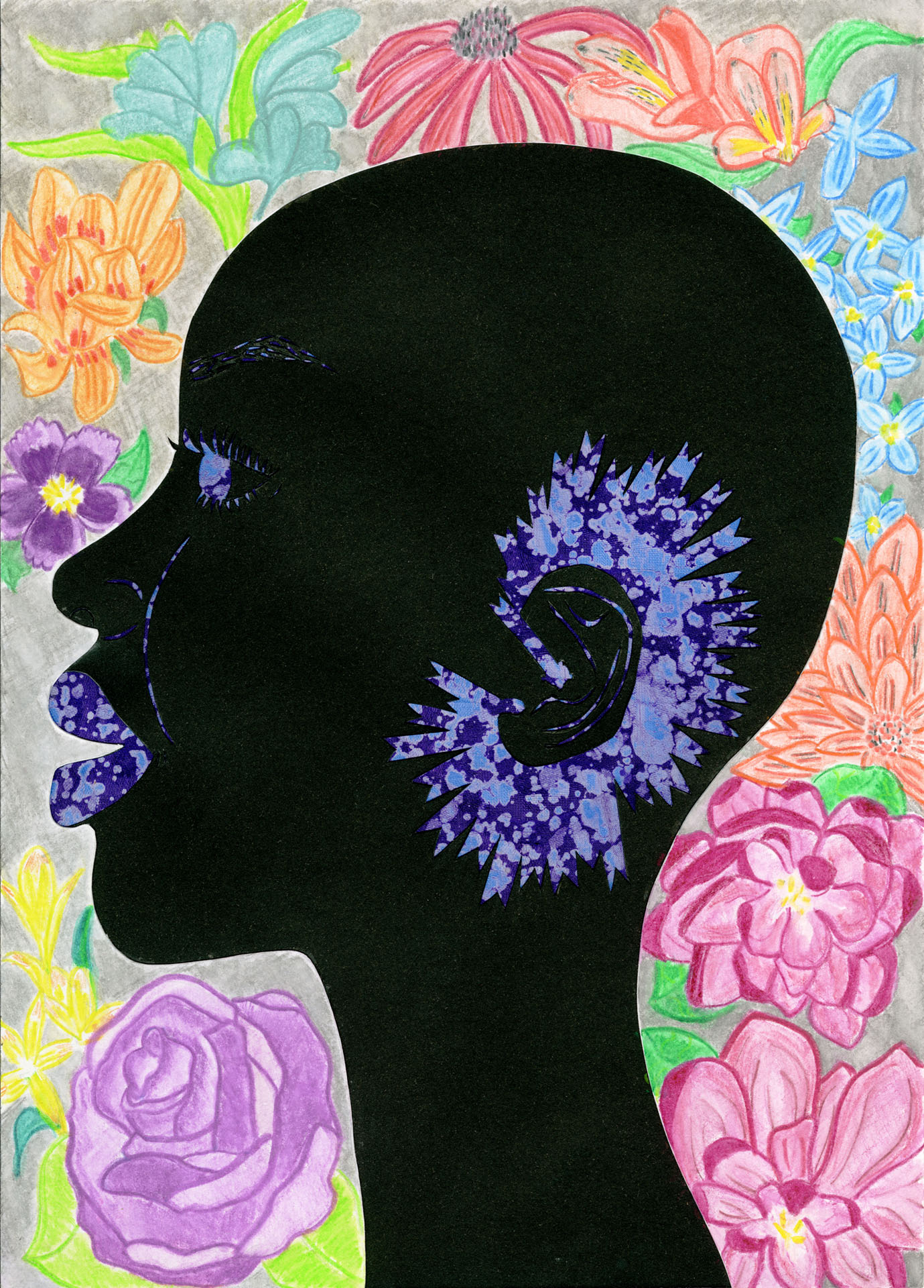 2020:  This artwork is comprised of hand cut black and white card and bold purple Ugandan batik fabric and painted with water colour